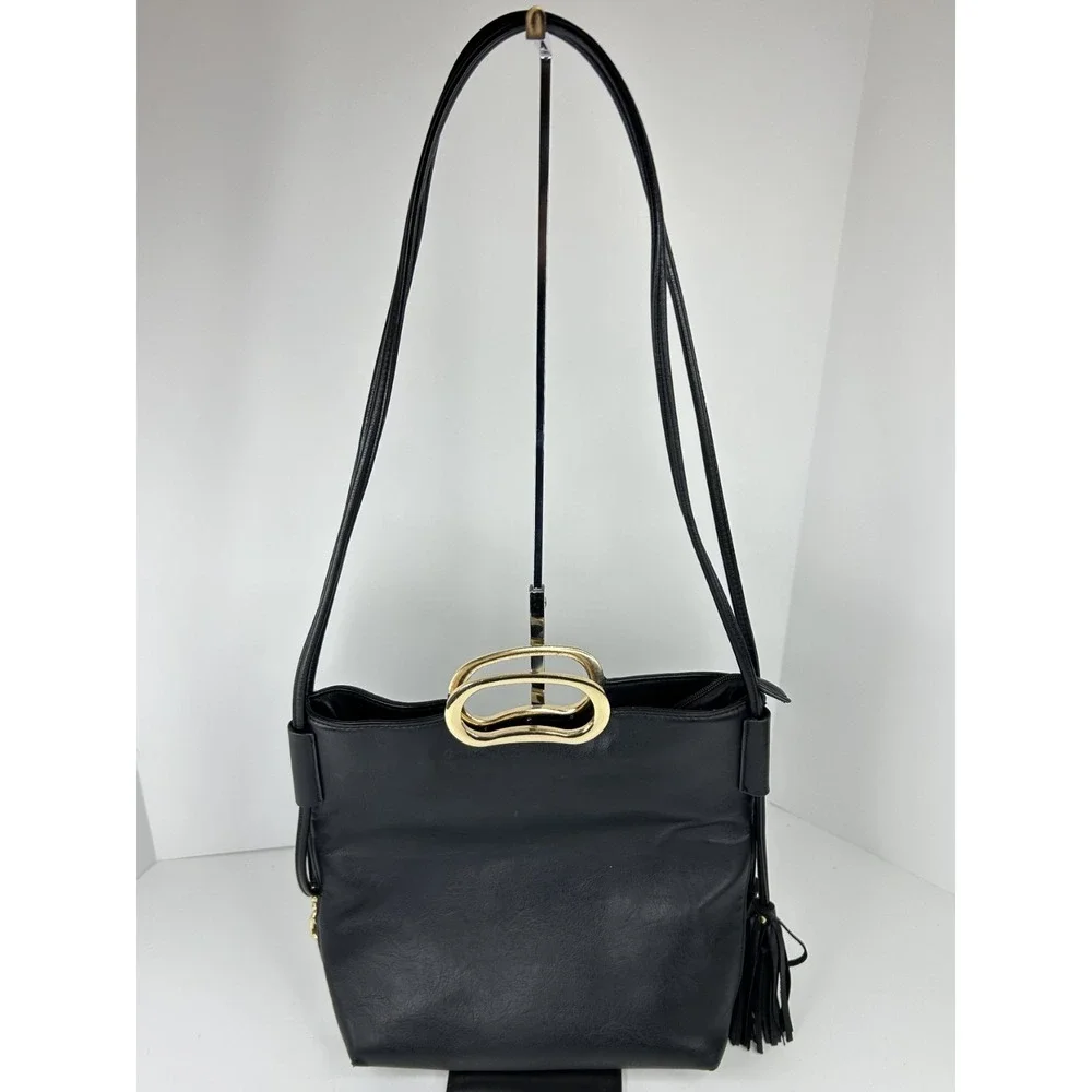Black Faux Leather Purse Medium Crossbody Metal Handles Chic Inspired Zip Pocket